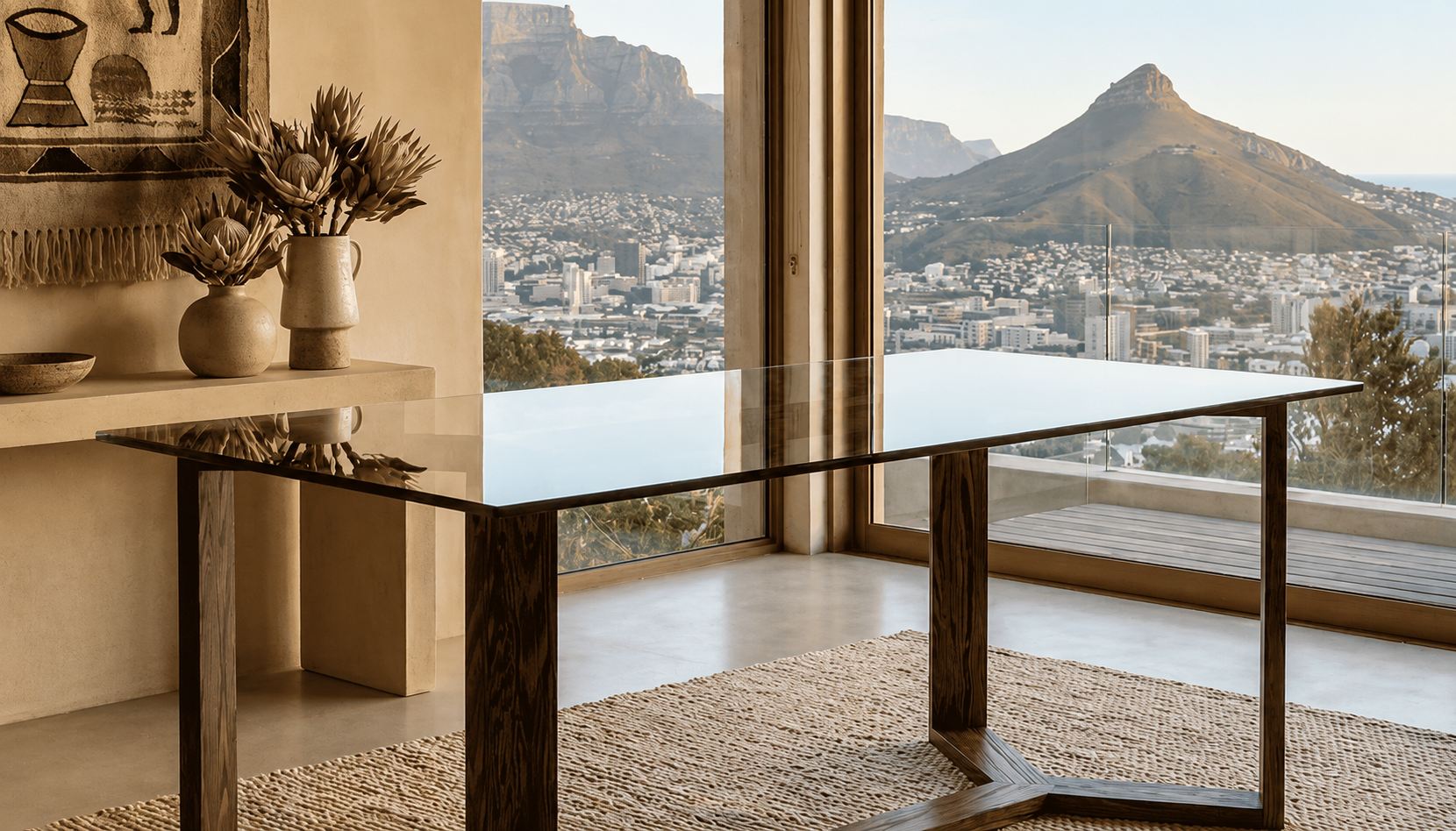 Modern glass dining table with wooden legs in a room with a cityscape view