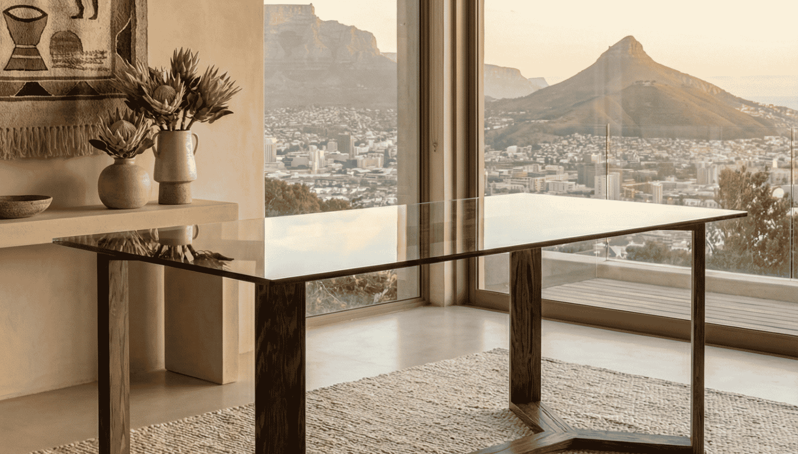 Modern glass dining table in a stylish room with a cityscape view