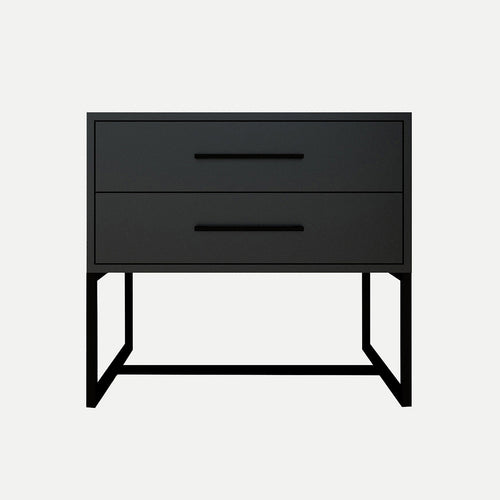 A modern black two-drawer nightstand with a minimalist metal frame, shown against a plain light gray background.