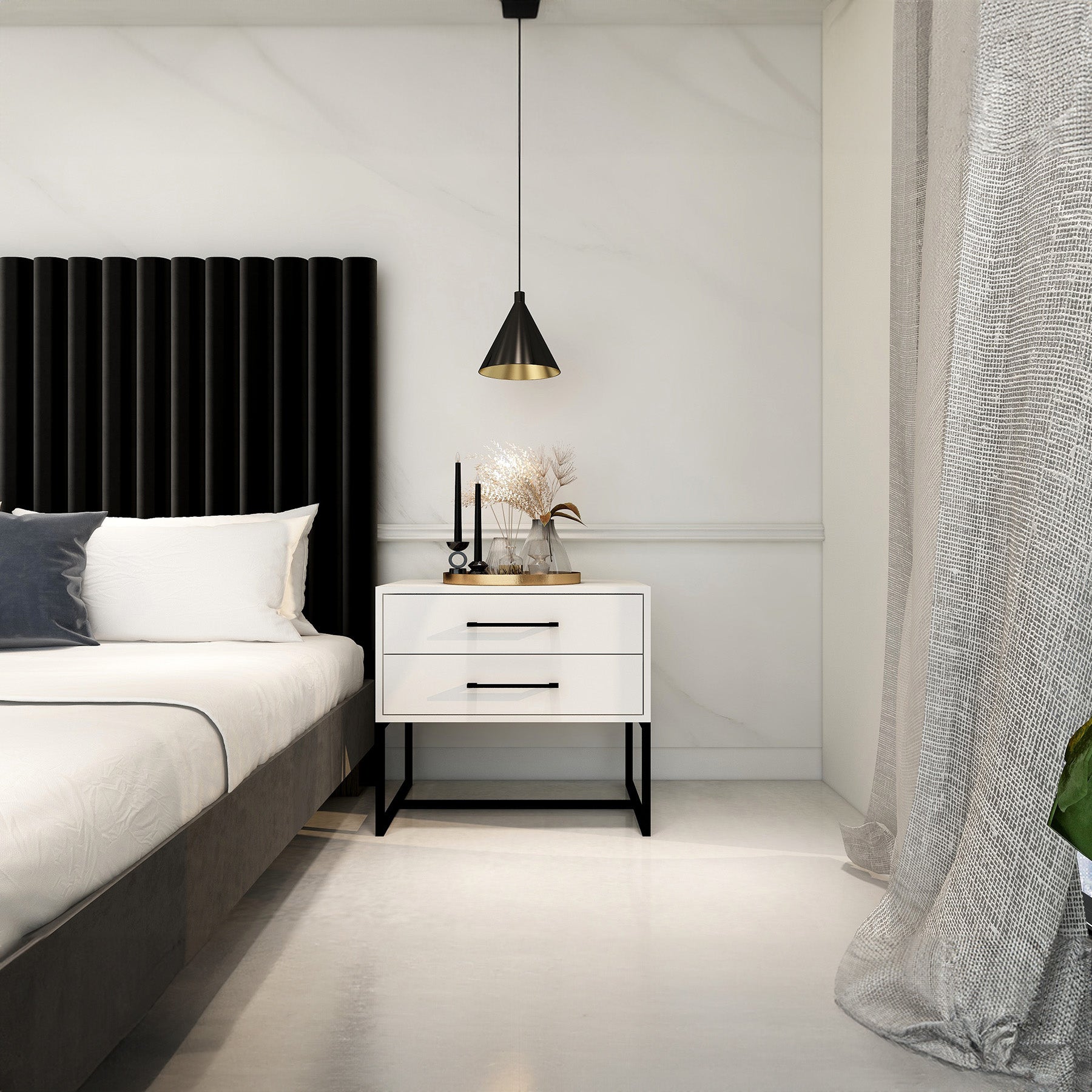 Modern bedroom with a bed, nightstand, and decorative elements.
