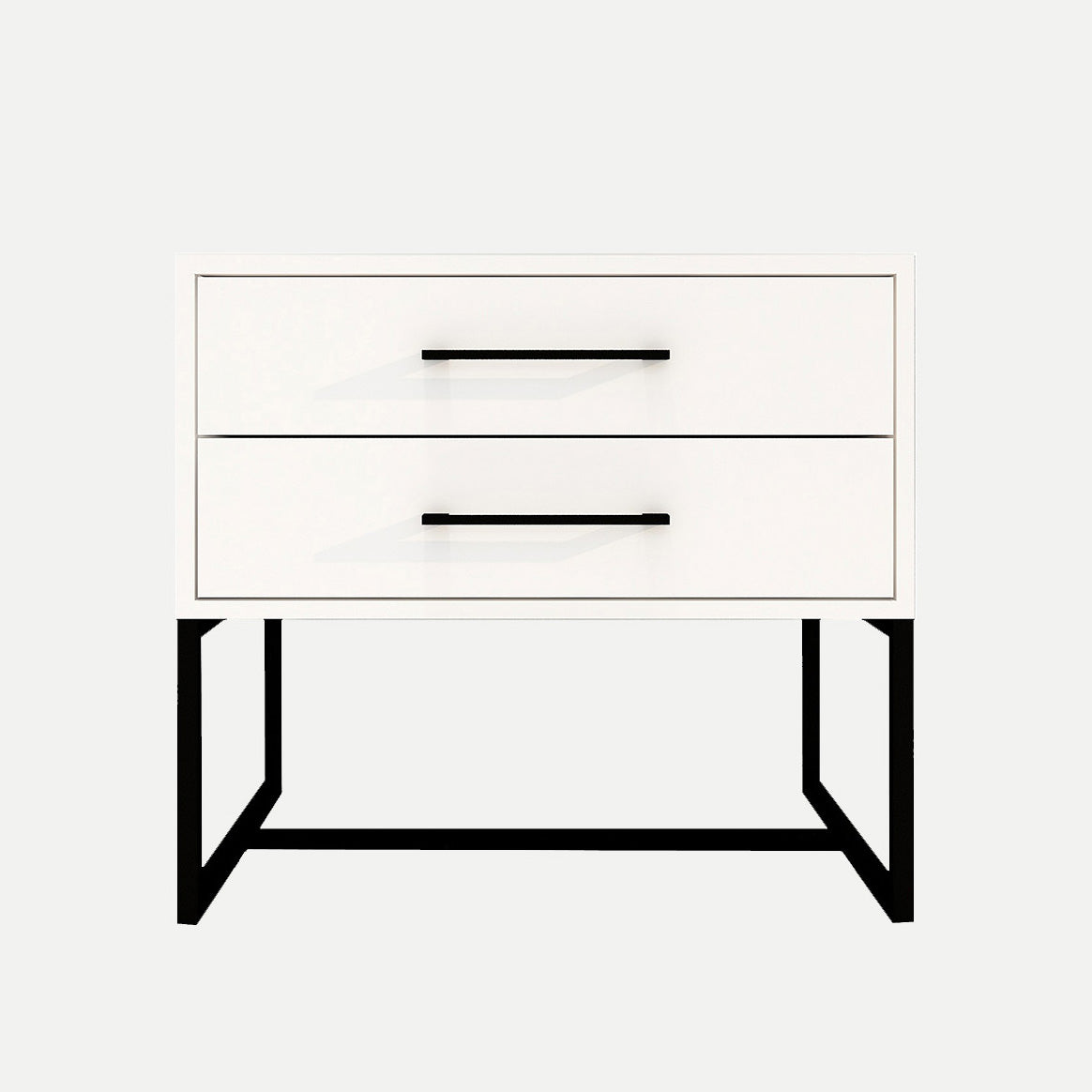 White nightstand with two drawers and a black metal frame on a white background