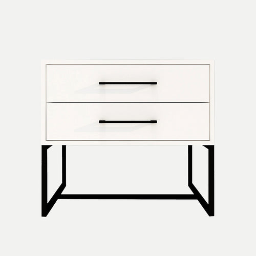 White nightstand with two drawers and a black metal frame on a white background