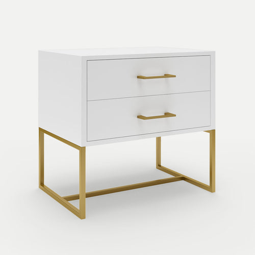 White nightstand with gold legs and handles on a white background
